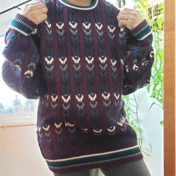 VINTAGE | Jantzen Crewneck Multicolour Cable Knit Pullover Sweater (Size L) - Picture 2 of 13